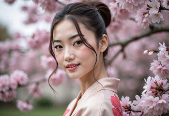 Asian Woman in a Silk Kimono &ndash; Close-Up Portrait