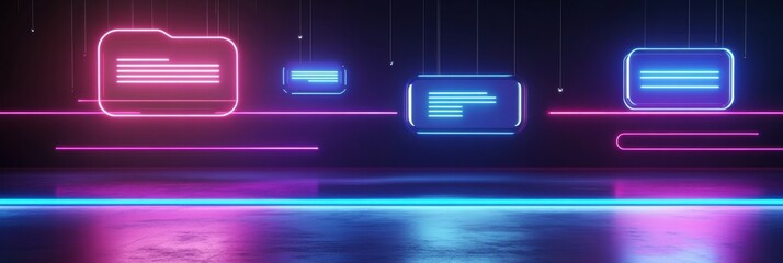 Floating message bubbles illuminate a dark interface showcasing glowing text notifications in an interactive chat design. Generative AI