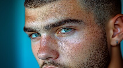 Obraz premium Close up view highlights perfectly even buzz cut featuring sharp detailing along hairline. lighting enhances smooth finish and natural texture of hair.