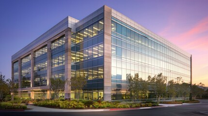 Obraz premium Modern glass office building at sunset.