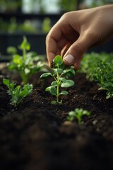 Closeup view of hands of gardener working in field planting flowers.