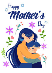 Woman embracing her child. Mother and son. Happy Mother's Day card with text and flowers. Illustration isolated. Warm and emotional composition