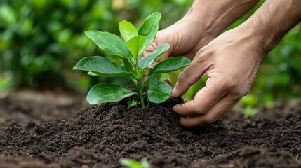 Closeup view of hands of gardener working in field planting flowers.