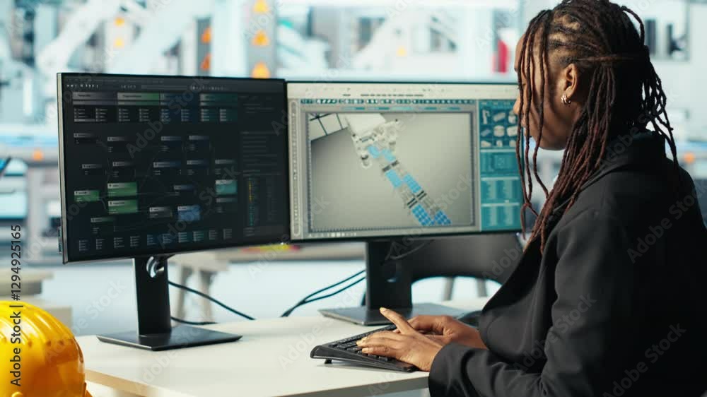 Poster photovoltaics factory programmer analyzing data with machine learning tech, reviewing system metrics