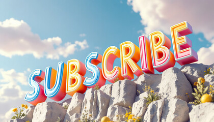 Colorful Subscribe Sign on Rocky Hilltop Under Sunny Sky