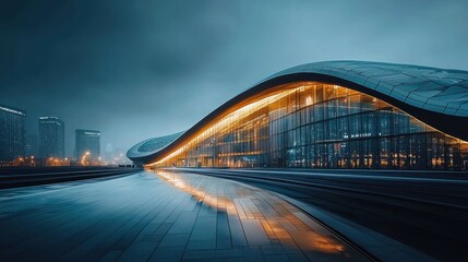 Obraz premium Modern architectural marvel at dusk, reflecting in wet pavement.