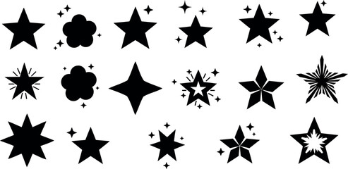 Black star shapes and designs in a minimal style showcasing various sizes and forms in vector art