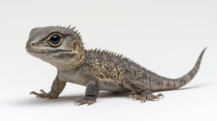 Obraz premium baby tuatara stands poised its soft spiky crest beginning form. Its tiny eyes reflect sense of ancient wisdom as it slowly explores its surroundings.