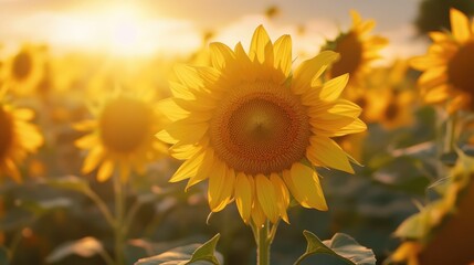 Sunlit Sunflower Field at Golden Hour: A Vibrant Summer Scene