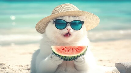 Playful cat enjoying watermelon on the beach tropical setting fun animal photography summer vibes