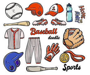 Baseball_IllustrationHand drawn illustration of baseball thing. Baseball Doodles consist of hat, shirt, cap batter and other in colorful illustration.