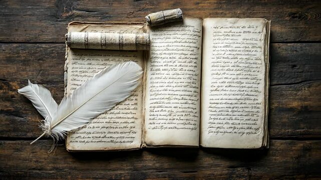 Old manuscripts and a quill pen resting on a wooden table in a quiet study
