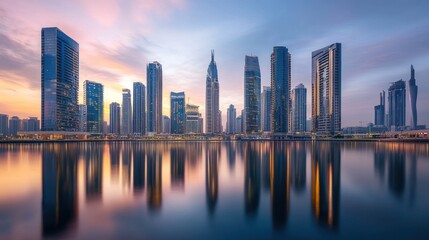 Obraz premium Stunning sunrise cityscape reflected in calm water.