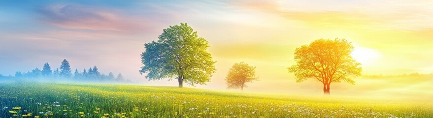 Obraz premium Beautiful summer landscape with trees at sunrise.