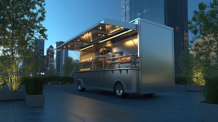 Modern Food Truck in Cityscape at Dusk