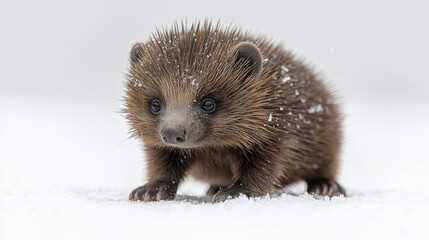 Obraz premium juvenile echidna rests on white surface its soft spines still developing. little creature sniffs curiously showcasing its rounded snout and playful nature.