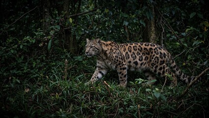 Obraz premium Majestic clouded leopard blends into jungle vibrant rosette patterned coat revealing its stealth in the shadows