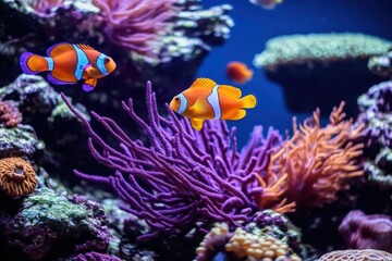 Obraz premium Colorful clownfish swimming in vibrant coral reef underwater scene marine life aquatic environment close-up view