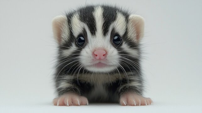 adorable baby striped polecat stands its tiny paws curled showcasing its bold black and white stripes and sniffing air its pink nose exuding curiosity.