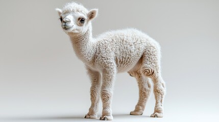 Obraz premium baby camel stands confidently on white background its long legs appearing both wobbly and strong. curly sand colored fur on its hump is just starting form giving it peaceful appearance.