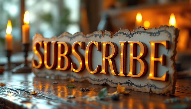 Illuminated Subscribe Sign on Rustic Wood Table
