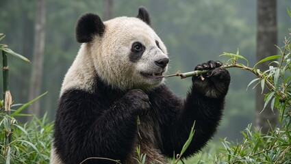 Obraz premium A majestic giant panda peacefully feasts on bamboo in a misty Chinese forest set against lush greenery and a tranquil ambiance