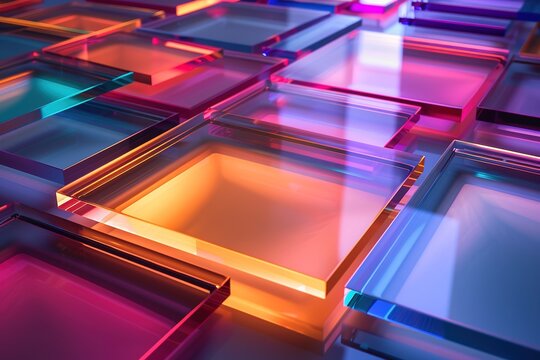 A collection of overlapping translucent squares with glowing neon edges and shadow effects for depth
