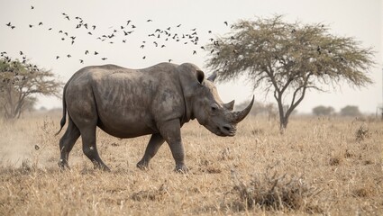 Obraz premium Majestic rhinoceros roaming African savanna with mud patches horn gleaming in sunlight approaching acacia trees surrounded by grass and flying starlings
