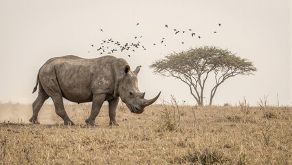 Fototapeta premium Majestic rhinoceros roaming African savanna with mud patches horn gleaming in sunlight approaching acacia trees surrounded by grass and flying starlings