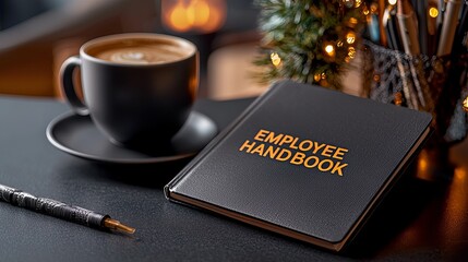 A stylish black employee handbook next to a coffee cup, illuminated by warm, inviting lights.