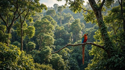 Colorful macaw perched in lush tropical rainforest vibrant feathers glowing under sunlight amidst dense green canopy