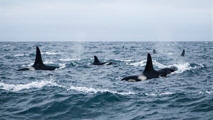 Fototapeta premium Majestic orcas swimming in the Pacific Ocean their sleek black and white bodies contrasting with the cloudy sky and misty atmosphere