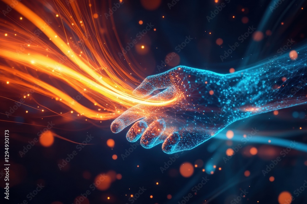 Poster glowing handshake symbolizes abstract business connections with vibrant energy in a digital environm