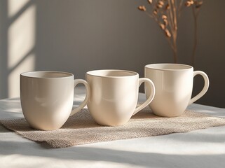 Minimalist Still Life of Modern White Mugs Against Gray Background with Soft Diffused Lighting and Asymmetrical Composition