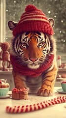 Adorable Tiger Cub in Winter Hat and Scarf Enjoys Festive Treats