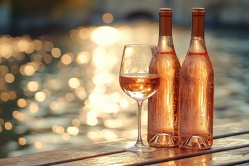 Wine Glasses and Rosé Bottle on Wooden Deck Romantic Picnic at Sunset