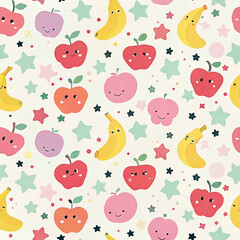 Fototapeta premium Seamless pattern with cute cartoon apples and bananas on white background.