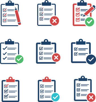 Checklist icons in flat design showcasing completion status with checkmarks and cross marks in vector art