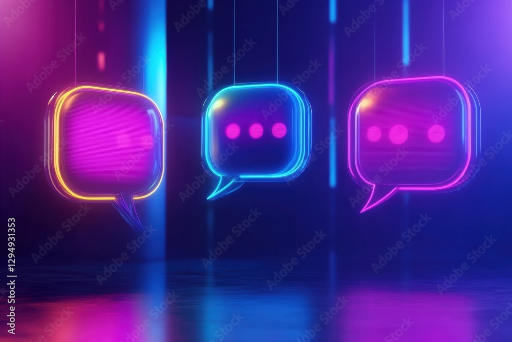 Fototapete Floating message bubbles glow in vibrant colors creating an engaging social media chat interface at night. Generative AI