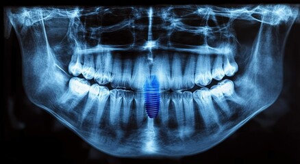 Detailed dental x-ray image of human jaw with single dental implant and crown for tooth replacement treatment