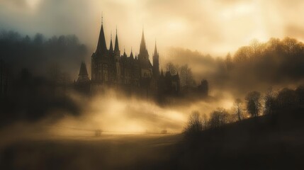 Mysterious castle shrouded in morning mist, golden sunrise.