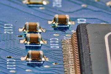 close-up of electronic parts on a computer PCI card