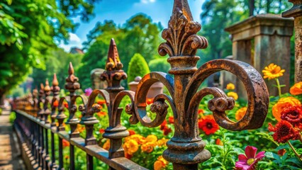 Fototapeta premium Macro Photography: Rusted Iron Fence, Cemetery Flowers, Spring, Baroque, Detail