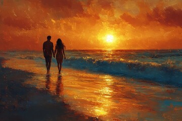 Couple Holding Hands Watching Romantic Sunset Together on the Beach