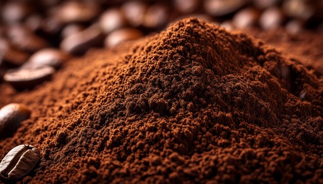 Macro shot of freshly ground coffee, showcasing deep earthy textures and rich brown tones, highlighting the aromatic details and natural richness of the grind.