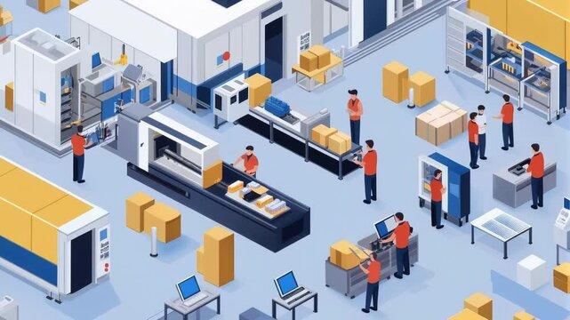 High-tech Factory: Isometric View of Automated Production Line and Workers