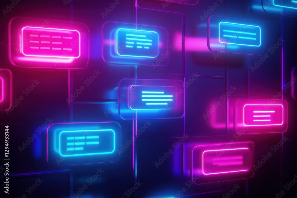Aufkleber Floating message bubbles illuminate a virtual social media chat interface with glowing text notifications. Generative AI