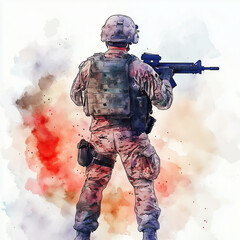 Fototapeta premium Military soldier with rifle in green camo, watercolour illustration clipart