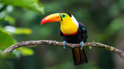 Fototapeta premium Vibrant toucan perched on tropical branch, showcasing its colorful beak and feathers