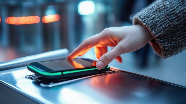 Hand using smartphone to access modern automatic gate machine in urban office building
